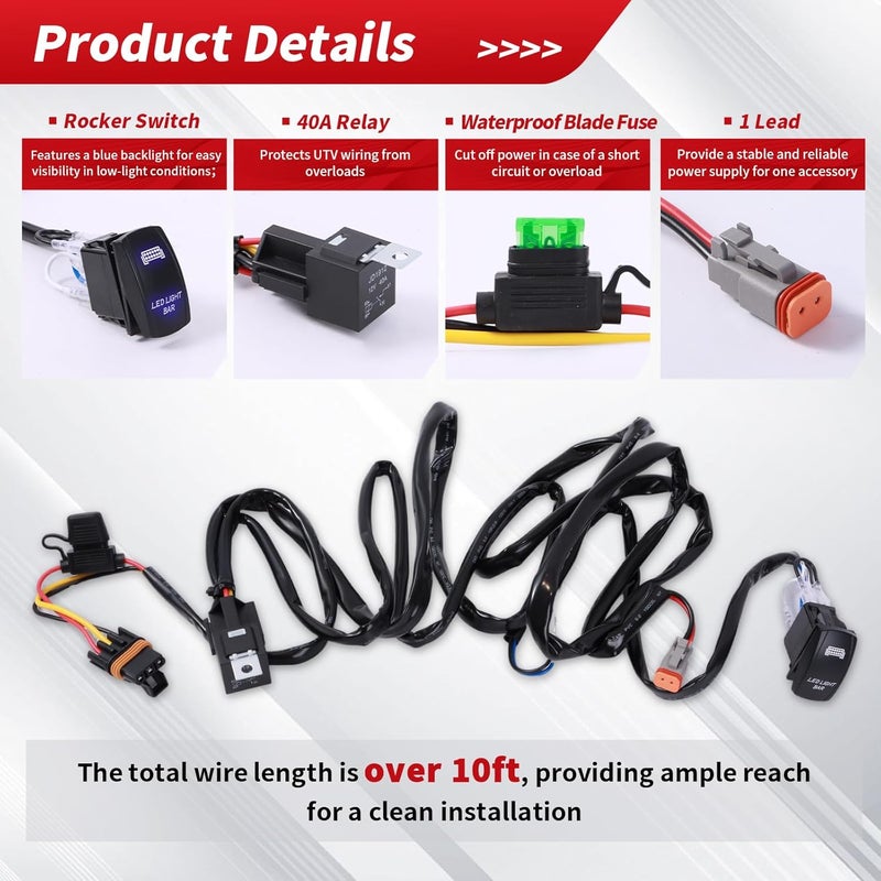 Solvrex UTV Light Bar Wiring Harness with Plug & Play Pulse Busbar Connector DT Plug Compatible with Polaris Ranger RZR General, 14AWG 1 Lead Rocker On Off Switch - Image 2